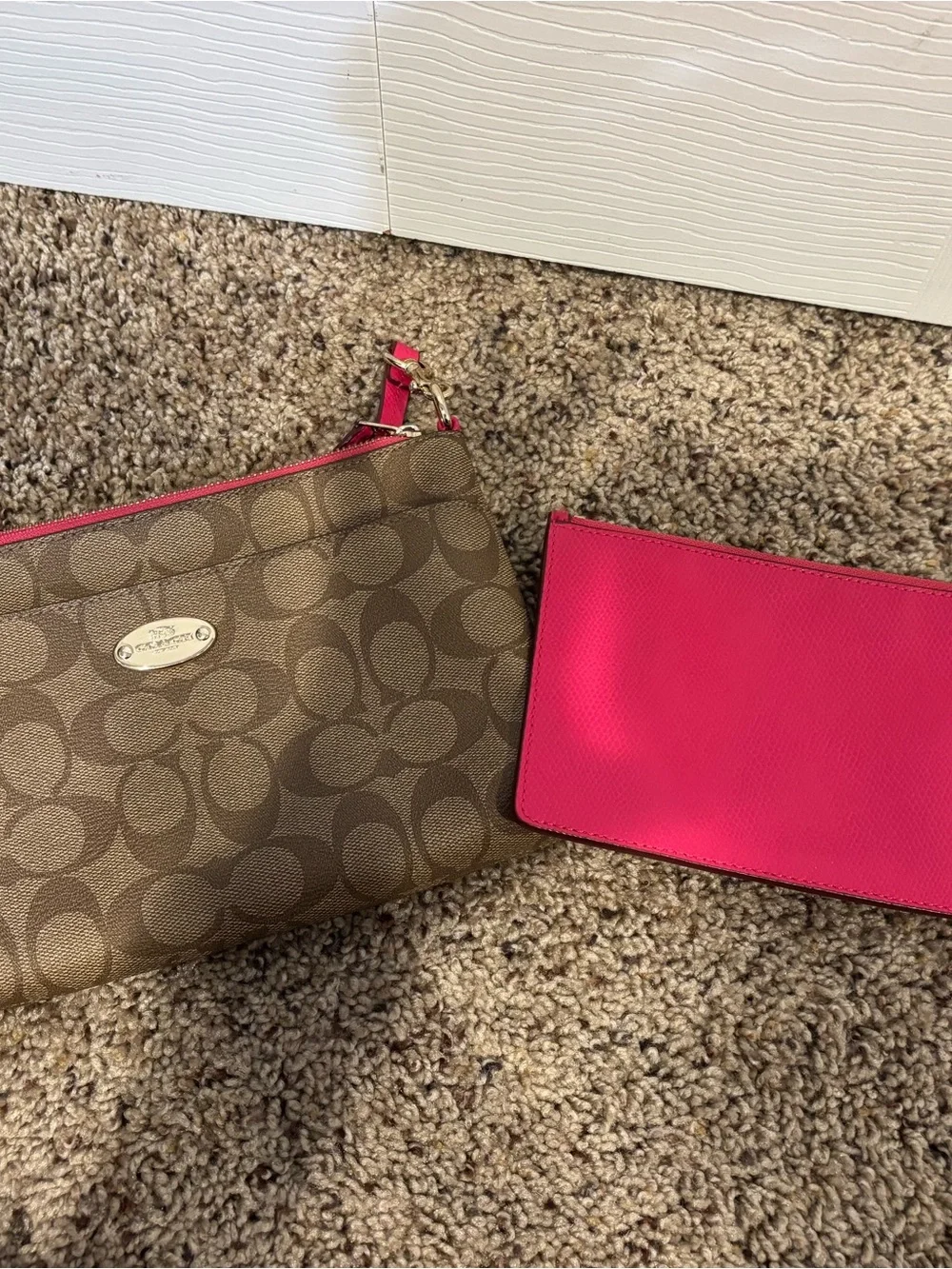Coach Brown Signature Canvas Wristlet with Pink Trim and Strap